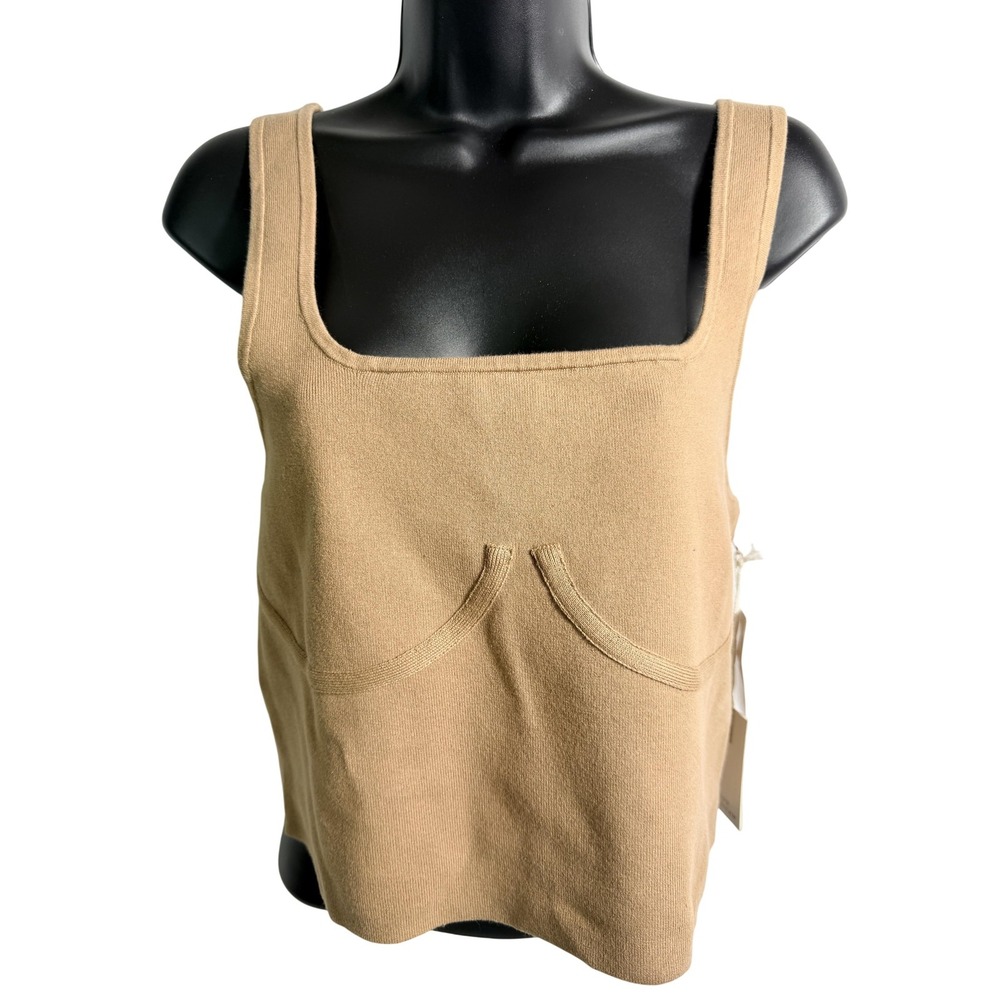 Good American The Cupped Tank Top Womens 7/8 Taupe Square Neck Cropped Knit